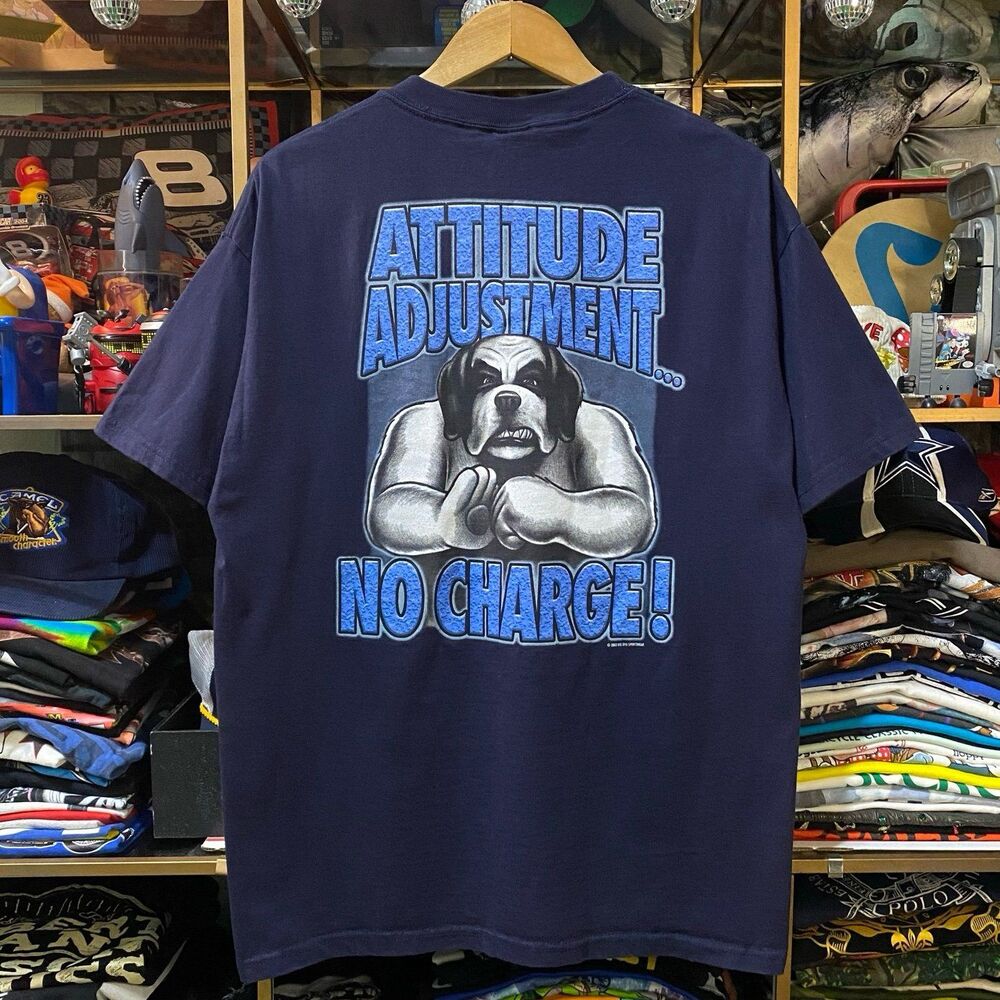 Vintage Y2K Big Dogs Attitude Adjustment No Charge T-Shirt 2003 Navy Blue Large